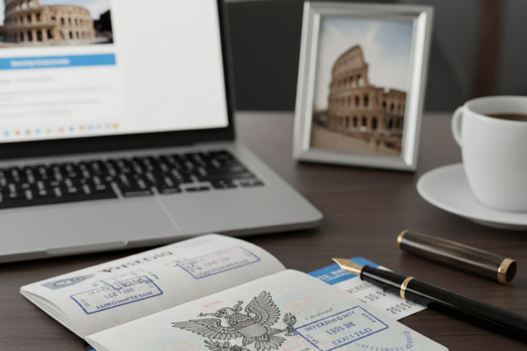 Passport with visa stamps, laptop and travel planning on a desk
